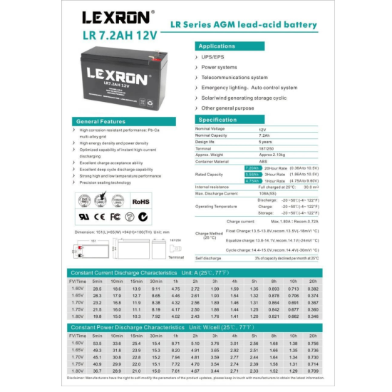 Lexron 7.2AH 12V AGM Akü