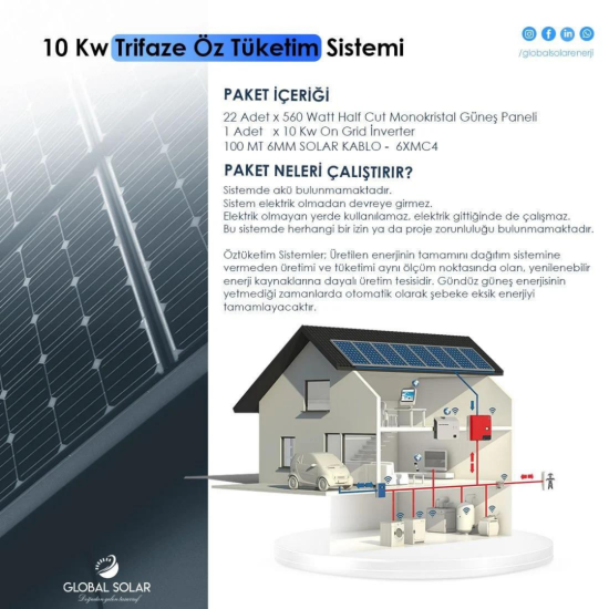 Güneş Enerjili 10 Kw Trifaze Öz Tüketim Sistemi