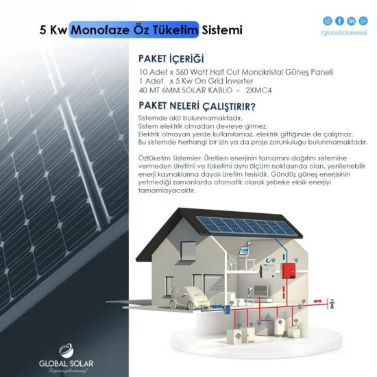 Güneş Enerjili 5 Kw Monofaze Öz Tüketim Sistemi