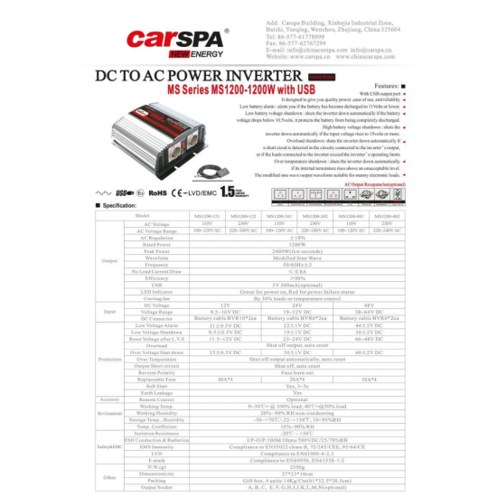 CARSPA 1200W 12V MODİFİYE SİNÜS İNVERTER